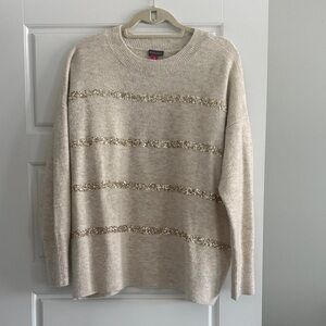 Vince Camuto Beige Sequin-Stripe Crewneck Sweater